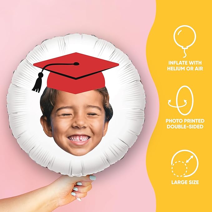 Big Dot of Happiness Personalized Red Grad Cap Fun Face Photo Balloon, Elementary High School College Custom Graduation Party Decorations, Double-Sided Round Circle Mylar, 1 Piece
