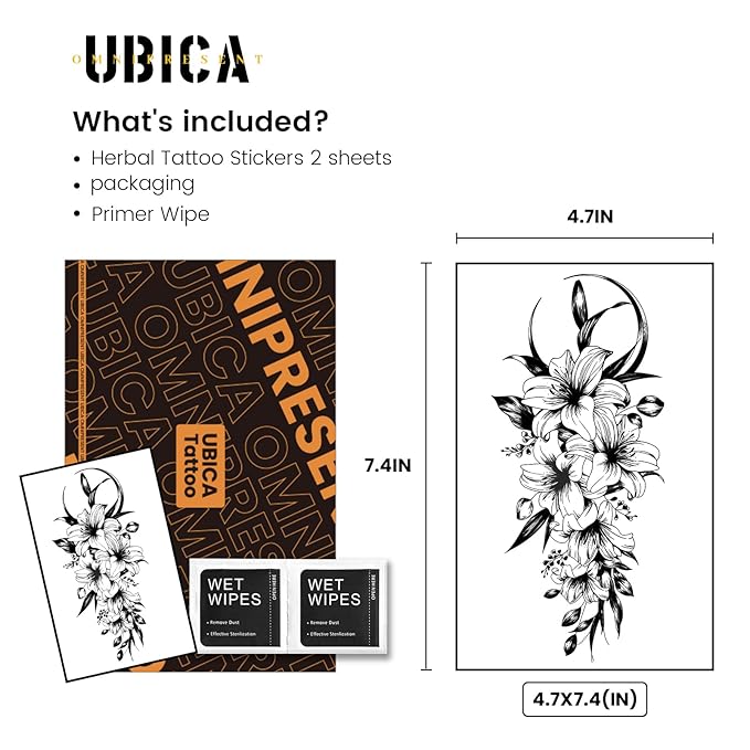 2 Sheets Semi Permanent Tattoos, Temporary Tattoo Lasts 7-15 Days Water-Resistant Fake Tattoo Stickers, Realistic Flower Design for Party, Non-Reflective & Safe for Skin