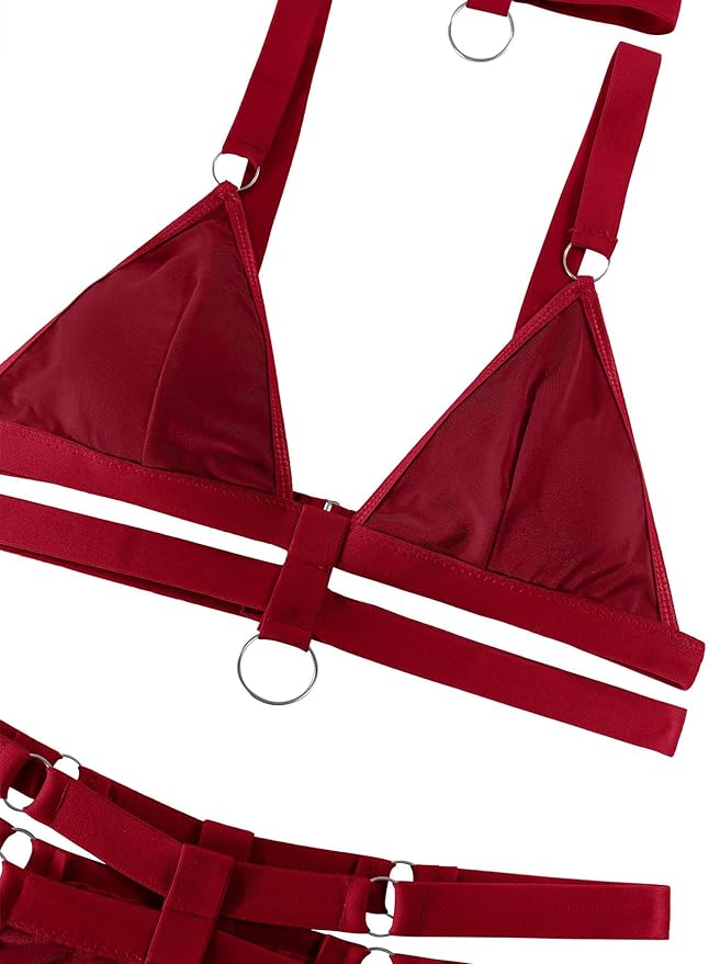Lilosy Sexy Wireless Choker O Ring Linked Strappy Harness Lingerie Set Outfits 3 Piece