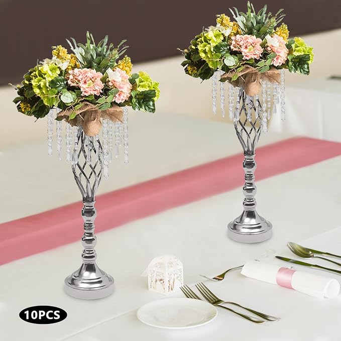 Wedding Centerpieces Gold Vases,10PCS Metal Flower Candle Holder with Sparkling Crystal Beads,Crystal Flower Vase Metal Flowers Stand for Party Tables Decorations (10pcs-Sliver-14cm)