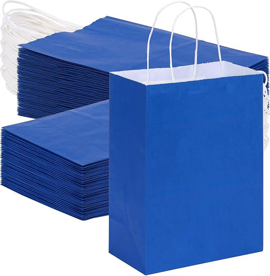 OUTUXED 120pcs Gift Bags, Blue Paper Bag with Handles 7.1x3.6x9.3in Medium Size Kraft Bags for Party, Businesses