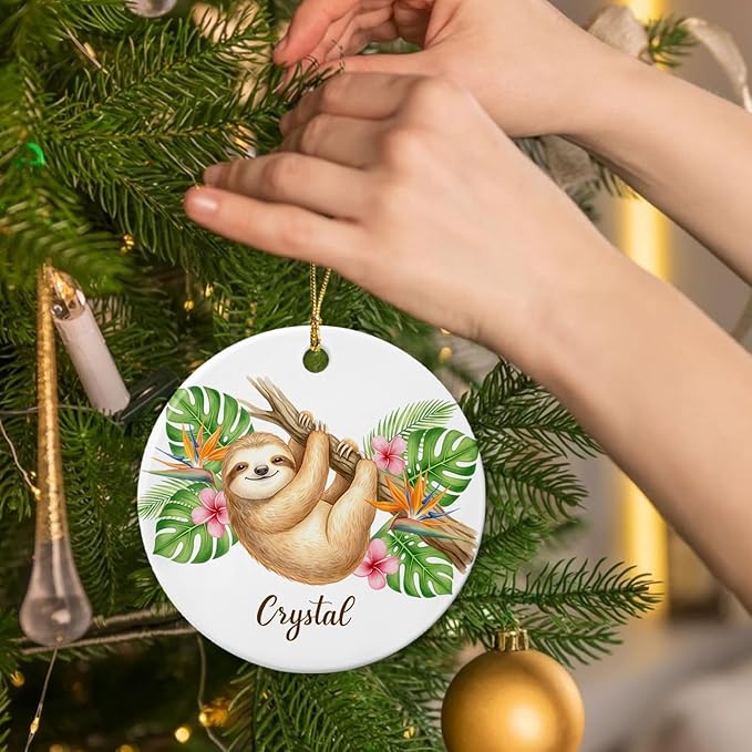 Personalized Sloth Lover Ceramic Ornament, Christmas Sloth Animal Keepsake, Animal Decor Gift for Boys Girls Sloths Lovers, Customized Name Wildlife Ornament, Sloths Hanging Xmas Tree Decoration