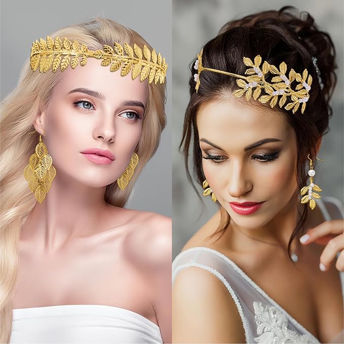 Greek Goddess Costume Accessories Set for Women, Golden Laurel Leaf Crown, Headpiece, Earrings, Roman Toga Waist Belt
