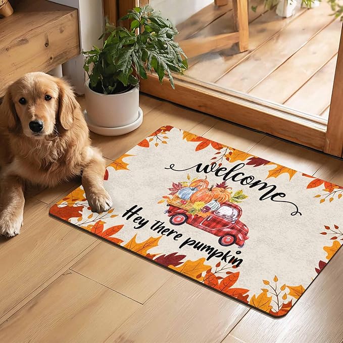 Fall Welcome Maple Leafs Decorative Door Mat, Autumn Thanksgiving Doormat for Indoor Outdoor Entrance Floor Mats,Fall Pumpkins Non Slip Harvest Vintage Decor Rubber Welcome Mats 30" x 18" Inch