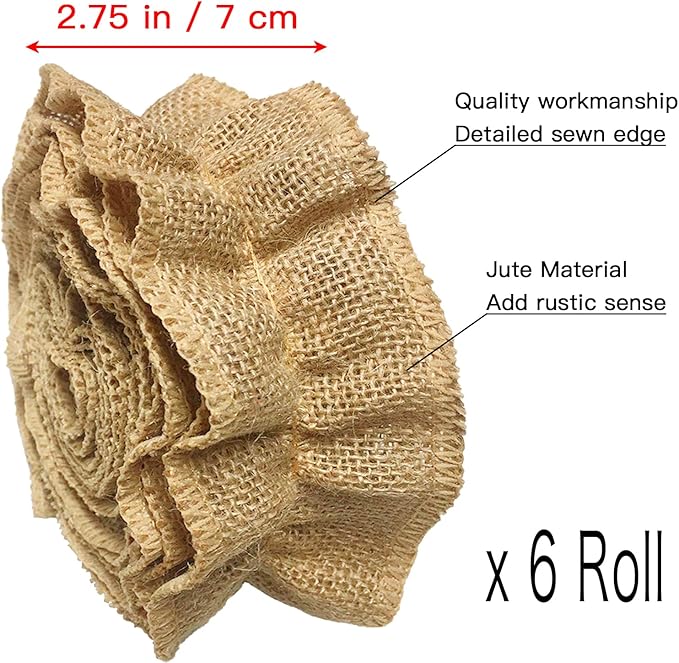 Jishi Burlap Ribbon Garland Christmas Decorations for Tree 9 Ft x 6-Rolls Burlap Bulletin Board Borders for Classroom Decor, Brown Farmhouse Boho Ruffled Trims for Vintage Rustic Home Decor DIY Crafts