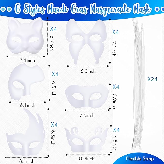 Leyndo 24 Pcs Paper Mache Masks Half Face White Masquerade Mask DIY Blank Mardi Gras Halloween Cosplay Party (Mixed Styles)