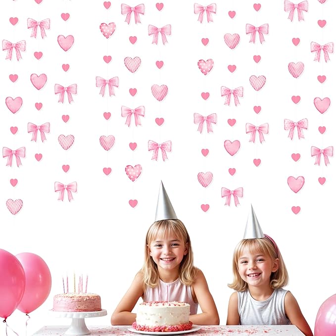 Pink Bow Decorations Pink Heart Plaid Twill Polka Dot Bow Hanging Streamer Garland Banner for Birthday Baby Shower Bridal Shower Wedding Anniversary Bachelorette Coquette Party Decorations Supplies