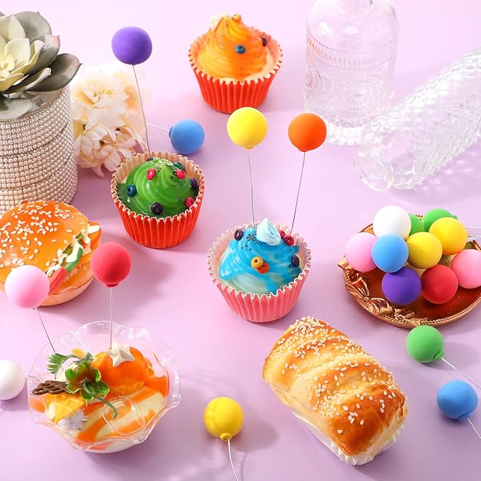 Sieral 40 Pcs Mini Balloon Cake Toppers Colorful Rainbow Cake Topper Round Clay Balls Cupcake Toppers for Birthday Baby Shower Wedding Party Decorations(Rainbow Color)