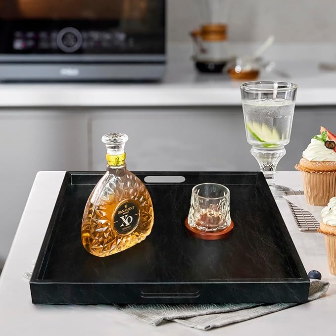 35 * 35 inches Leather Rectangle Serving Tray with Hole Handles,High-End Light Large Service Tray for Ottoman Tray, Tea, Food, Butler - Countertop, Kitchen,Family Dinner, Picnic (Black)
