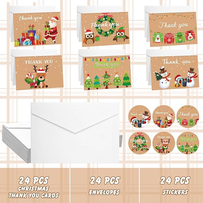 24Set Christmas Thank You Card with Envelopes and Stickers Xmas Greeting Cards Gift Box Santa Christmas Tree Thank You Christmas Cards with Envelope Holiday Thank You Card for Xmas Holiday (Cute)