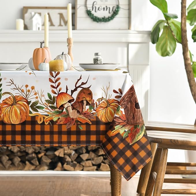 Horaldaily Fall Tablecloth 60x120 Inch Rectangular, Thanksgiving Autumn Harvest Pumpkin Mushroom Orange Buffalo Plaid Table Cover for Party Picnic Dinner Decor
