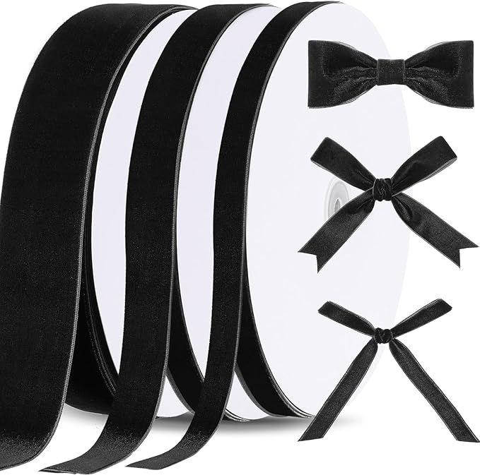 Yilloog 3/8'' 1'' 2'' 90 Yards Christmas Velvet Ribbon Vintage Satin Fabric Velvet Ribbon Roll for Christmas Tree Ornaments Decoration Gift Wrapping Bow DIY Crafts (Black)