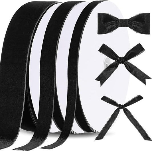 Yilloog 3/8'' 1'' 2'' 90 Yards Christmas Velvet Ribbon Vintage Satin Fabric Velvet Ribbon Roll for Christmas Tree Ornaments Decoration Gift Wrapping Bow DIY Crafts (Black)