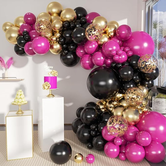 Red Black Gold Balloon Garland Arch Kit, 156 Hot Pink Black Gold Metallic Balloons for Birthday, Wedding, Anniversary, Festival, Bachelorette, Gender Reveal