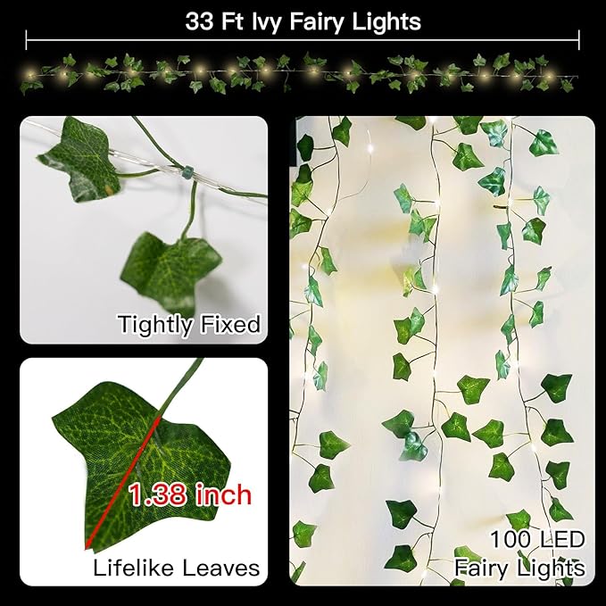 suddus Vine with Fairy Lights Battery Operated, 33ft 100 LED Ivy String Lights with Remote, Leaf Lights for Bedroom, Room, Wall, Garden, Party, Wedding Decor (Warm White)
