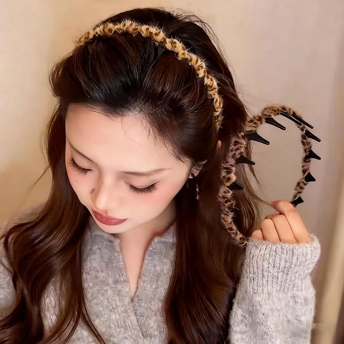 3PCS Retro High Skull Headband Wedding Party Elegant Reversible Headband with Teeth High Cranium Headbands for Women (Leopard)