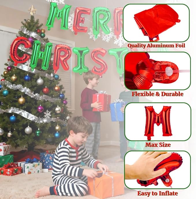 16 Inch Merry Christmas Balloons 14 PCS Red and Green Balloons Banner Xmas Letter Aluminum Mylar Foil Balloon Decorations Backdrop for Holiday Hanging Party Favors Supplies Theme Indoor Outdoor