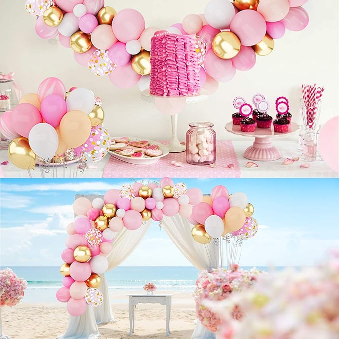 Amandir 144Pcs Pink Balloons Garland Arch Kit Light Pink Gold White Confetti Latex Metallic Balloons for Girl Birthday Baby Shower Wedding Graduation Party Decorations Supplies