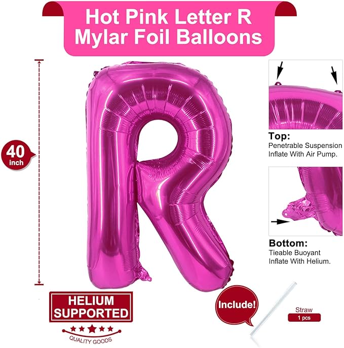 Lovoir 40 Inch Large Hot Pink Letter R Balloons Big Size Jumbo Mylar Foil Helium Balloon for Birthday Party Celebration Decorations Alphabet Hot Pink R
