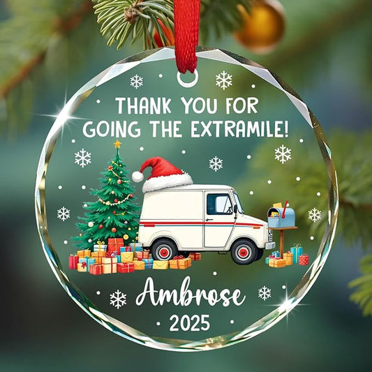 Personalized Mail Carrier Christmas Tree Ornament 2025, Thank You for Going The Extra Mile! Glass Ornaments for Postman, Postal Worker Christmas Keepsake Gifts, Mailman Xmas Ornament Custom Name