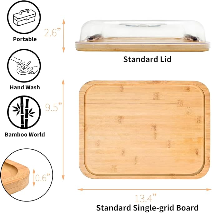 13.4"x9.5" Portable Cheese Board with Standard Clear Lid - Bamboo Charcuterie Container for Office, School, Travel - Carrying Handle & Locking Clasps