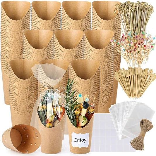 100 Sets 12 oz Charcuterie Cups with Sticks, 300 Picks + 100 Bags + 100 Labels, Individual Charcuterie Cups, Brown Paper Snack Cups Disposable French Fry Cups for Parties, Catering