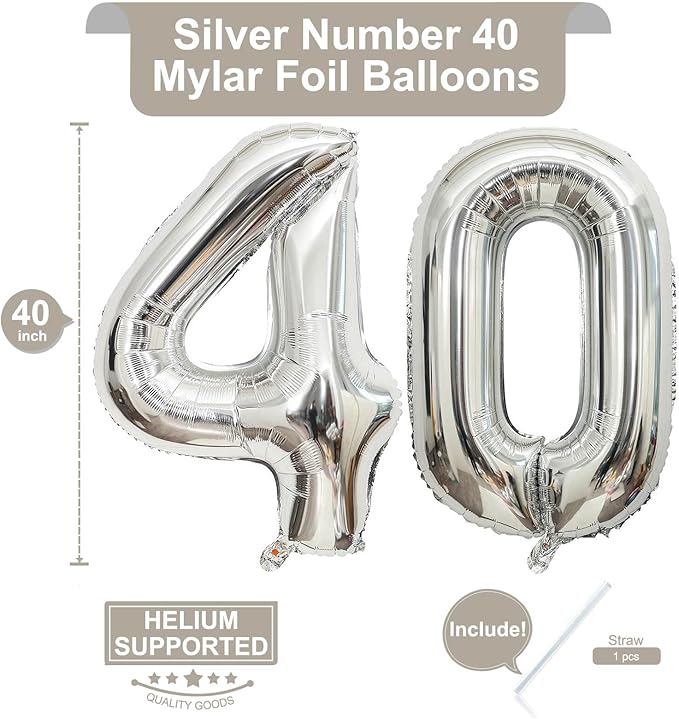 40 Inch Silver 40 Number Balloons Giant Jumbo Huge 40 Foil Mylar Helium Number Digital Balloons Silver Birthday Mylar Digital Balloons 40th Birthday Party 40th Anniversary Events Party Decorations