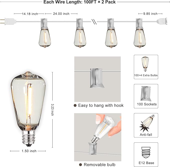 Outdoor String Lights 200FT Waterproof,Patio String Lights for Outside with Shatterproof 104 Edison LED Bulbs,Vintage Dimmable Hanging Lights for Christmas,Wedding,2 Pack × 100FT White Cable