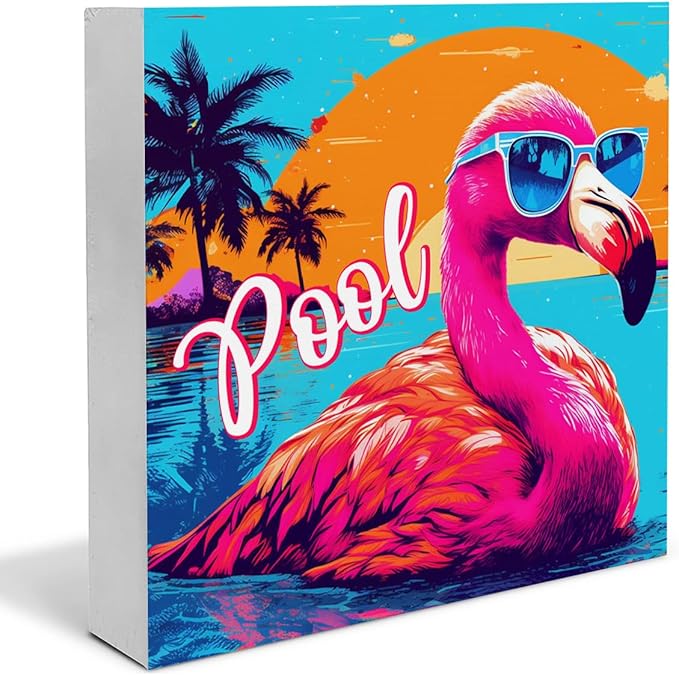 Flamingo Decor Summer Wood Block Sign Sun Decorations for Home Desk Table Shelf 5 x 5 Inches