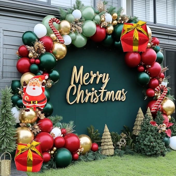 Christmas Balloon Arch Kit Double Stuffed Dark Green Red White Balloon Emerald Green Gold Burgundy Garland Pearl White Latex for Birthday Wedding Festival Christmas Party Decorations
