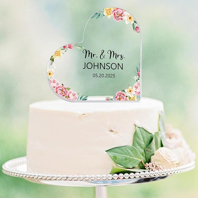 Custom Wedding Heart Acrylic Plaque,Mr & Mrs Cake Topper,Personalized Wedding Keepsake/Gift/Sign (Style 10)