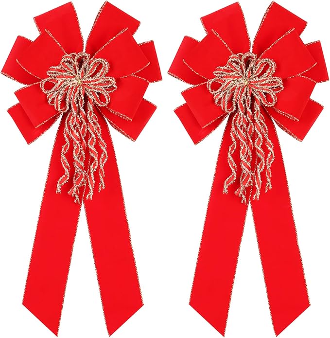 Super Holiday 2 Pack Red Christmas Bows, 20”x10.5” Large Velvet Christmas Tree Topper Ornaments for Xmas Tree Decorations, for Home Front Door Wreath Bow Indoor Outdoor Party Decor.