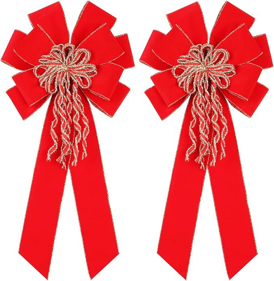 Super Holiday 2 Pack Red Christmas Bows, 20”x10.5” Large Velvet Christmas Tree Topper Ornaments for Xmas Tree Decorations, for Home Front Door Wreath Bow Indoor Outdoor Party Decor.