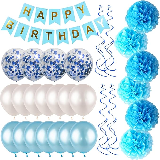 Blue White Birthday Party Decoration Kit - Happy Birthday Banner, Spiral Charm, Paper Flower Ball, Latex Balloons and Confetti for Boys' Party Supplies