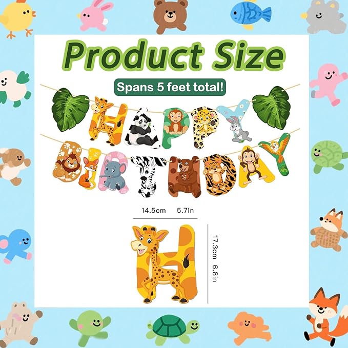 Safari Animal Birthday Banner, Jungle Theme Party Decorations, Zoo Party Supplies for Kids