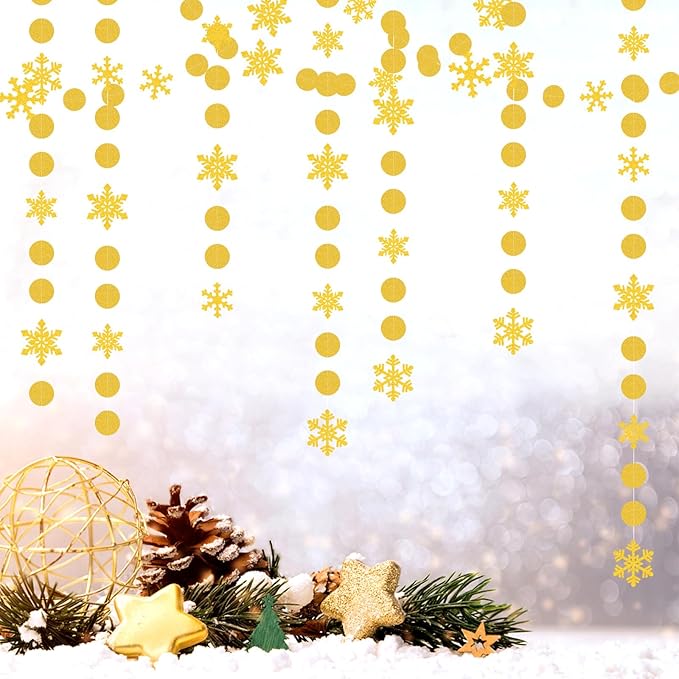Snowflake-Snow Gold Christmas Party-Decoration Garland - 52Ft Winter Wonderland Frozen Hanging Paper Streamers,Birthday New Year Supplies Decor Lasting Surprise