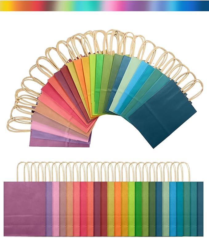 qiqee 24Pcs Medium Gift Paper Bag with Handles Bulk - 10.6"x8.3"x4.3" Rainbow Party Bags - Mulit Color