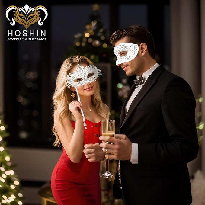 Hoshin Masquerade Mask for Couple, Mardi Gras Deecorations Venetian Masks with Stick for Womens