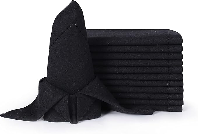 LFH Home Hemstitched Cloth Dinner Napkins 18x18 Inch Set of 12 - Reusable 100% Cotton Machine Washable Cocktail Napkins with Metered Corners for Daily, Party, Wedding, Bar Use - Black