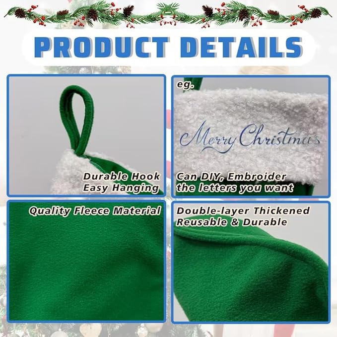 6 Pack Green Christmas Stockings 20 Inches – Large Velvet Holiday Stockings for Fireplace, Home, Office & School Decorations – Classic Plain Christmas Stockings for Family or Business Use