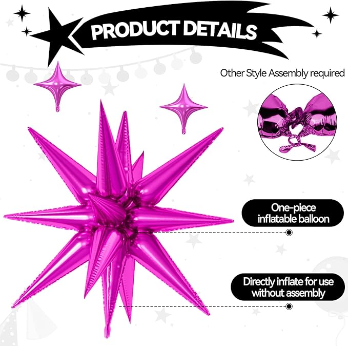 18 Pcs Black Pink Star Balloons, Hot Pink and Black Balloon with 6 Pcs 22-Inch Explosion Star Balloons 12Pcs 10-Inch Four Pointed Stars Foil Balloon for Bridal Shower Girls Birthday Party Decor