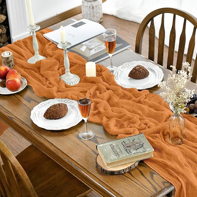 Artoid Mode Boho Orange Gauze 6 Pieces Wedding Table Runner, 120 Inch Birthday Fabric Kitchen Dining Holiday Table Decor for Home Party Indoor