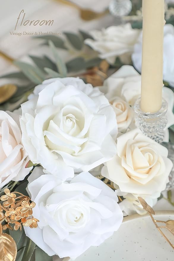 Floroom 6ft Artificial Eucalyptus Garland with Flowers Fake Greenery Faux Floral Vine Garland for Table Decor Wedding Centerpieces Bridal Shower Party Decorations, Cream White