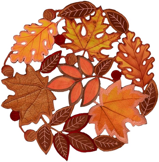Simhomsen Set of 4 Embroidered Leaves Round Doily Place-mats Round 15 inches for Thanksgiving, Fall or Autumn Harvest Decorations
