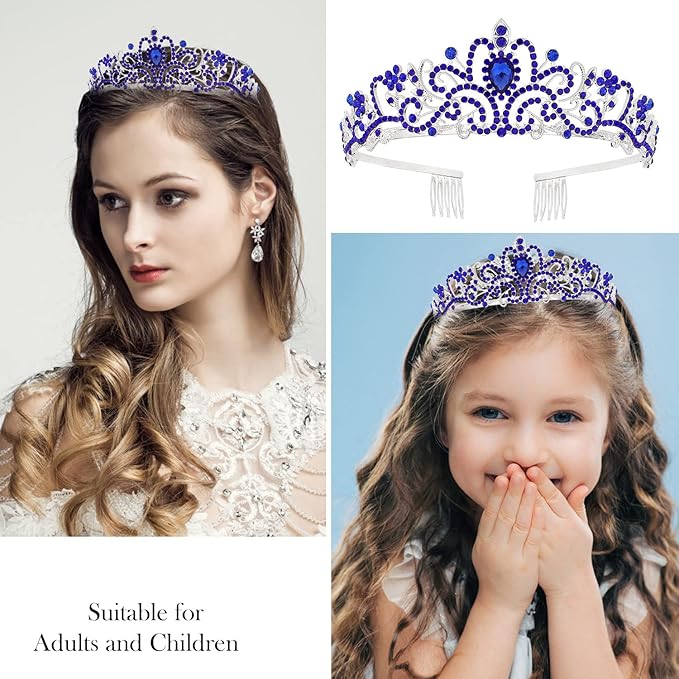 Velscrun Happy Birthday Queen Blue Silver Tiara Crowns for Women, Sash, Party Favors Supplies Gift for Her, 50th Party Decorations, Stuff Accessories