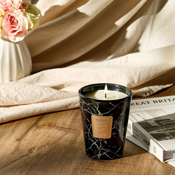 M&SENSE Leather Night Scented Candles for Home, 3 Wick Highly Scented Jar Candle, 14.1 Oz 80H Long Lasting Burning Christmas Candle for Women, Aromatherapy Candles for Holiday Christmas Gift