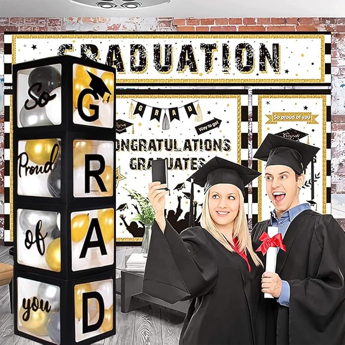 2025 Graduation Party Decoration Black Balloon Boxes with Letters 2025 Grad & So Proud of You and 20 pcs Ballons