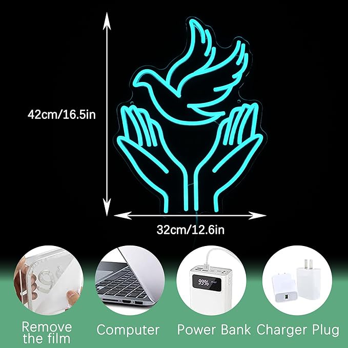 JLEWUINH Peace Dove Neon Sign for Wall Decor Flying Pigeon Neon Light Dimmable Jesus Light Up Sign God Hands Led Light Sign for Christian Church Easter Party Club (16.5 * 12.6 In)
