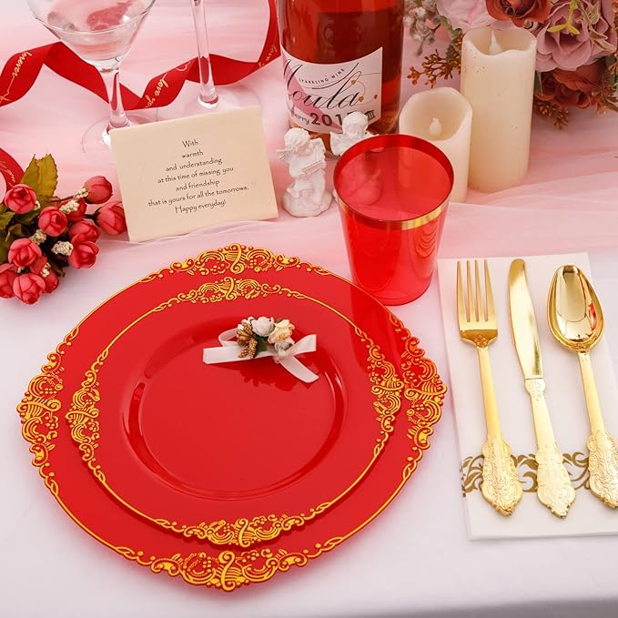 Morejoy 175PCS Red Plastic Plates,Red Disposable Plates With Gold Rim,Red and Gold Plastic Dinnerware Set Includes: 50 Plates,25 Silverware Sets,25 Cups,25 Napkins,Perfect for Party,Wedding