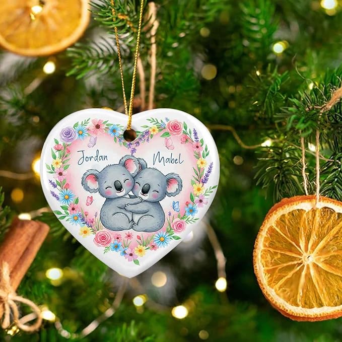 Personalized Koala Married Couple Xmas Ceramic Ornament, Koala with Flowers Heart Ornament Christmas, New Couple Keepsake Gift for Animal Lovers Couples, Custom Names Hugging Koalas Ornaments Xmas